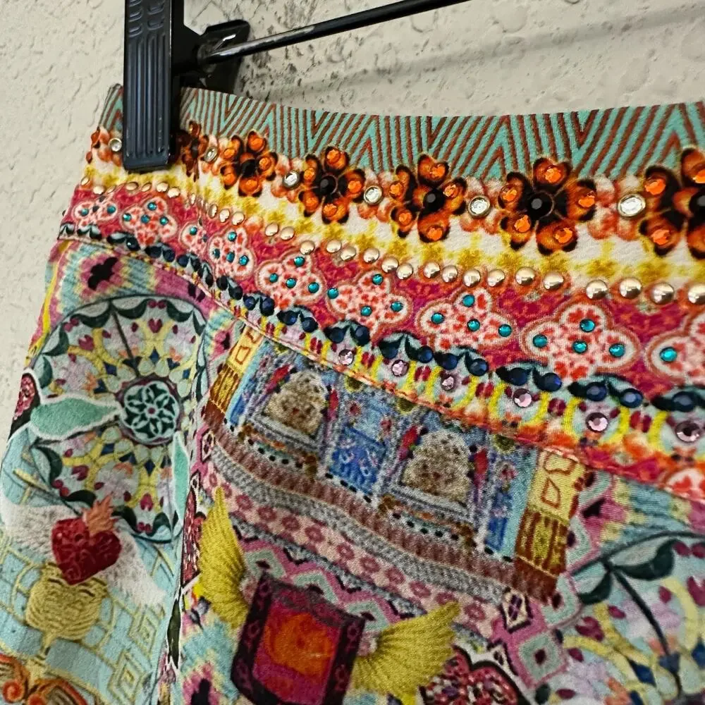 CAMILLA Shorts Multicolor Allover Print Silk Studded Embellished Boho